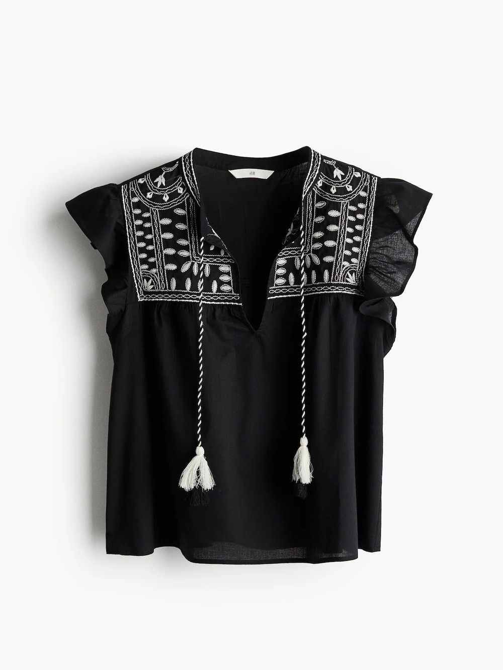 H&M Black Peasant Top with White Embroidered Yoke and Tassels Size Large